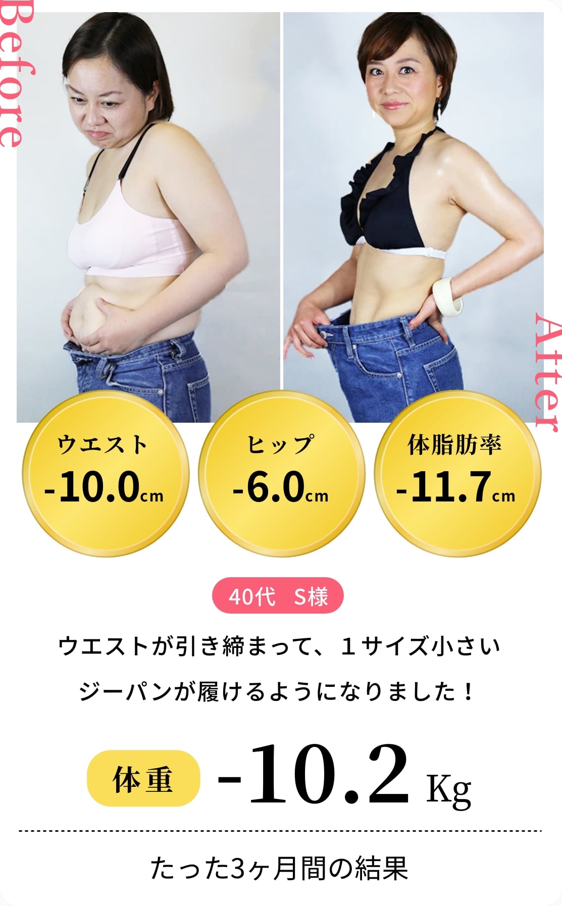 40代 S様 ウエストが引き締まって、1サイズ小さいジーパンが履けるようになりました! 体重-10.2kg
